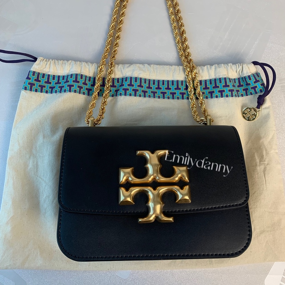 Tory Burch Black Leather Shoulder Bag with Gold Logo